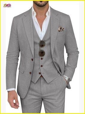 Linen Suit 3 Piece Slim Fit Blazer Vest Pants Set Wedding Business Casual